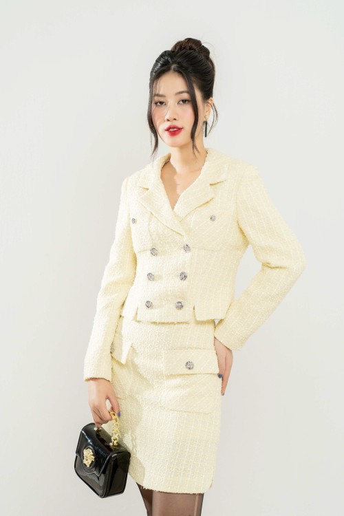 Sixdo Light Yellow A-line Mini Tweed Skirt